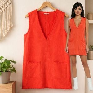 HONEY PUNCH Boho Coral Orange Tencel Fray Edge Sleeveless Mini Dress SMALL - MED